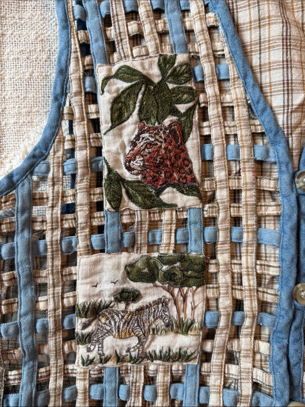 Casey & Max Whimsical Quilted Safari Animal Patchwork Vest - Blue & Beige - Picture 3 of 6